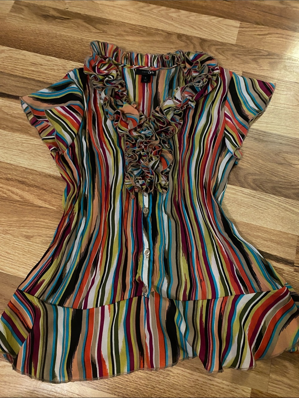 Multistripe Ruffle-Trim Button Front Blouse